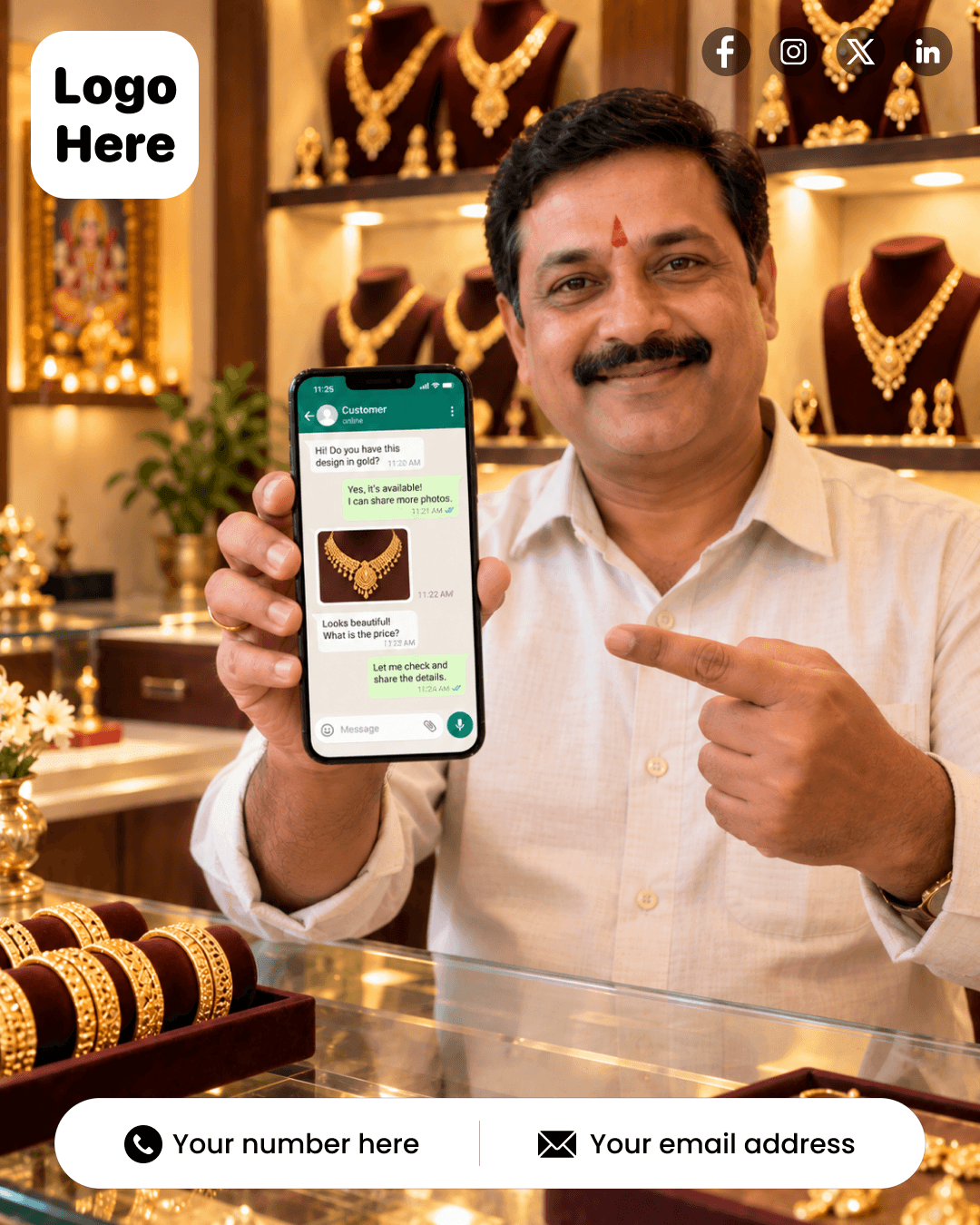Shop owner showing a poster shared in a WhatsApp chat